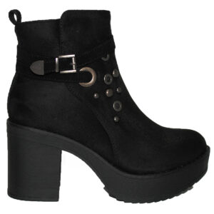 Botines en Gamuza Negra Taco Medio con Apliques y Hebilla 19-8NG