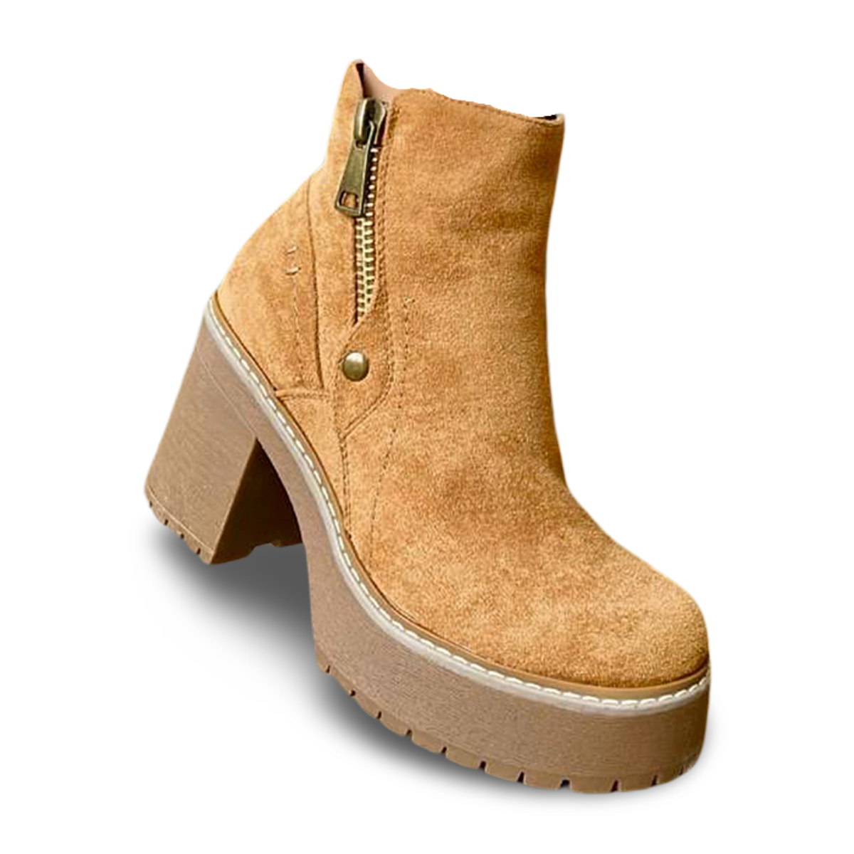 Botines en Gamuza Camel con Taco Medio y Cremallera 2205CM